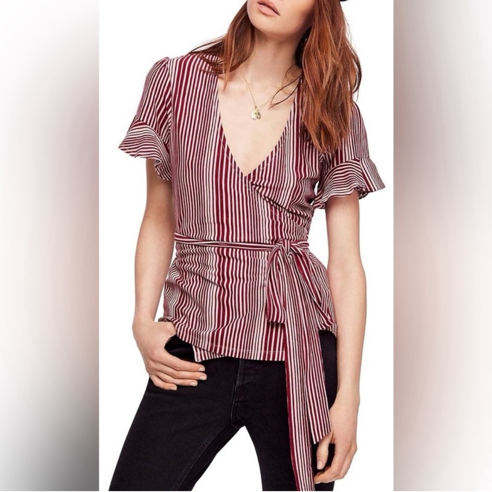 Free People. Maroon & Gray Striped Wrap Short-Sleeve Top. Size large.